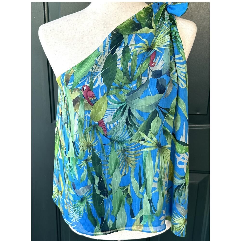 Antonio Melani Philippa Tropical Print Tie Shoulder Chiffon Blouse Sz L Parrots